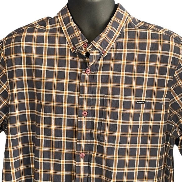 O'Neill Classic Fit Short Sleeve Button Down Navy and Orange Plaid Shirt, XL - Picture 2 of 5